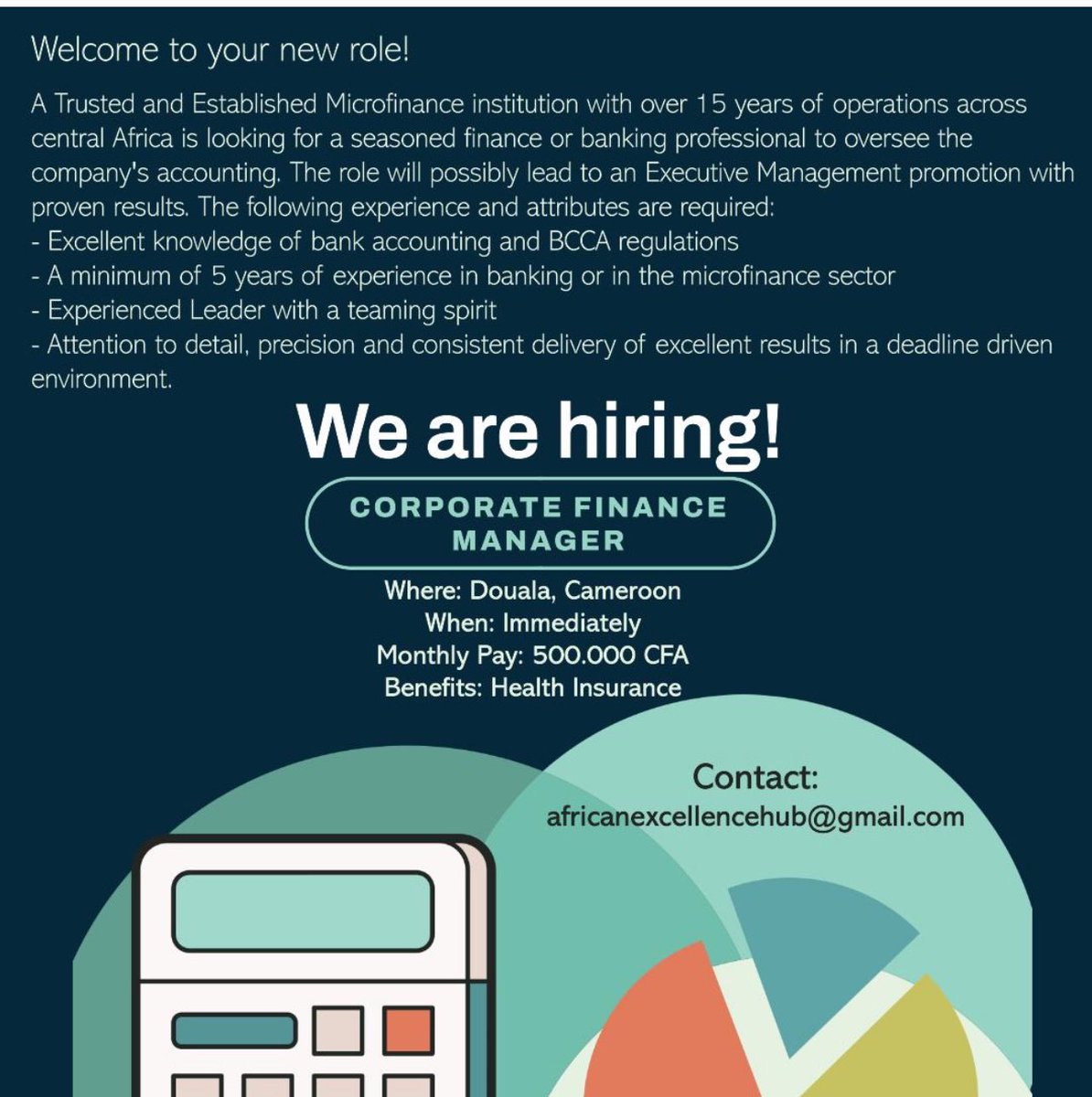 AfricanExcelHub's tweet image. Bonne Nouvelle! Nous recrutons! Poste: Responsable Finance et Comptabilité (Douala, Cameroun)

Expertise requise: COBAC 
Compensation: 500.000 CFA/mois + Assurance Maladie

Intéressé.e? Prière de soumettre votre CV au courriel ci-dessous! Merci pour le partage 🙏🏾 @TheWomanQueen1