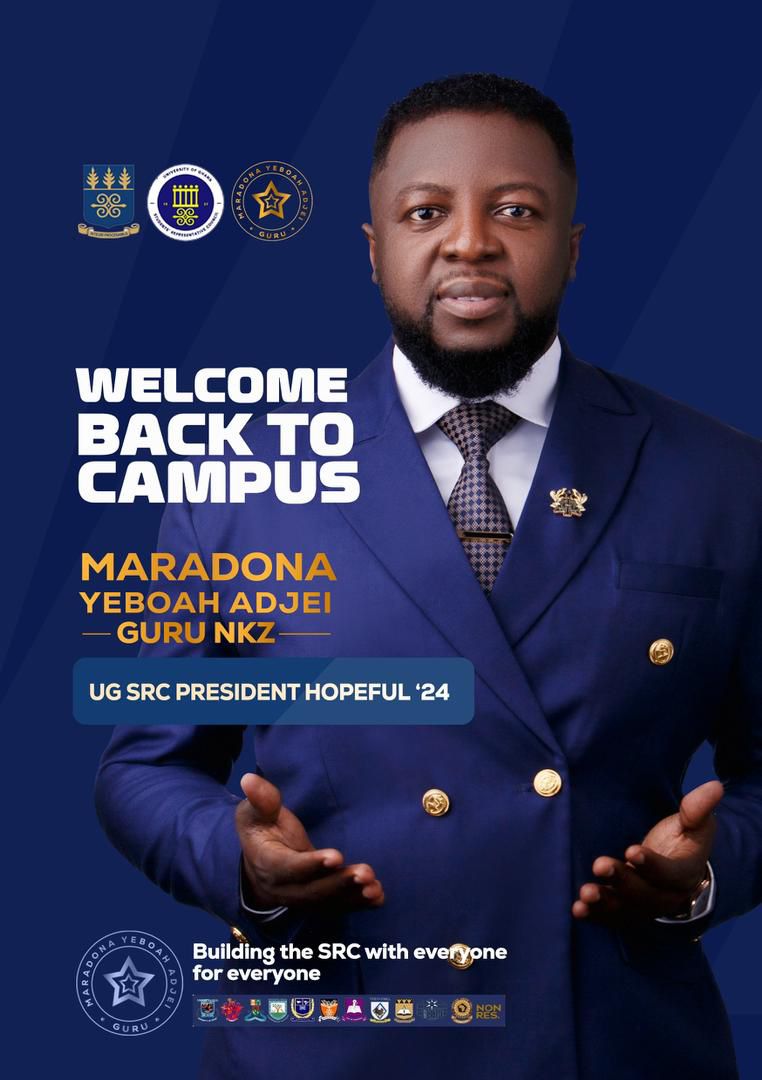 Dear Legonites, I’m thrilled to have you back in school. Let's kick off this semester with positivity and enthusiasm!' 

*MARADONA YEBOAH ADJEI (GURU -NKZ)*
UGSRC PRESIDENT HOPEFUL’24

#Building the SRC with Everyone for everyone 
#Let’s all get involved 
# WEGODOAM✅❤️