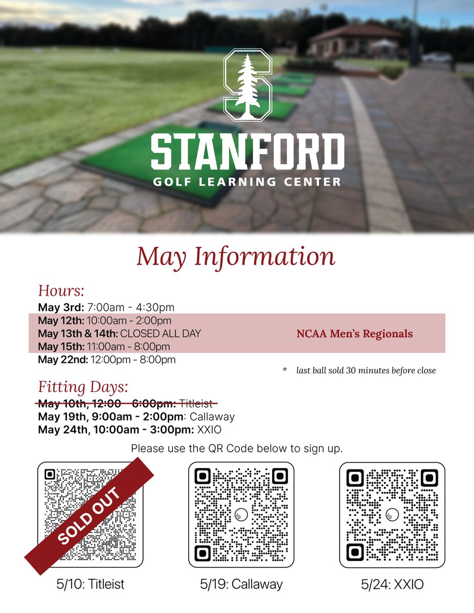 SUGolfCourse's tweet image. Updated hours at the Learning Center this month for NCAA Men's Regionals. Come out and support our men's. Go Card! 🌲