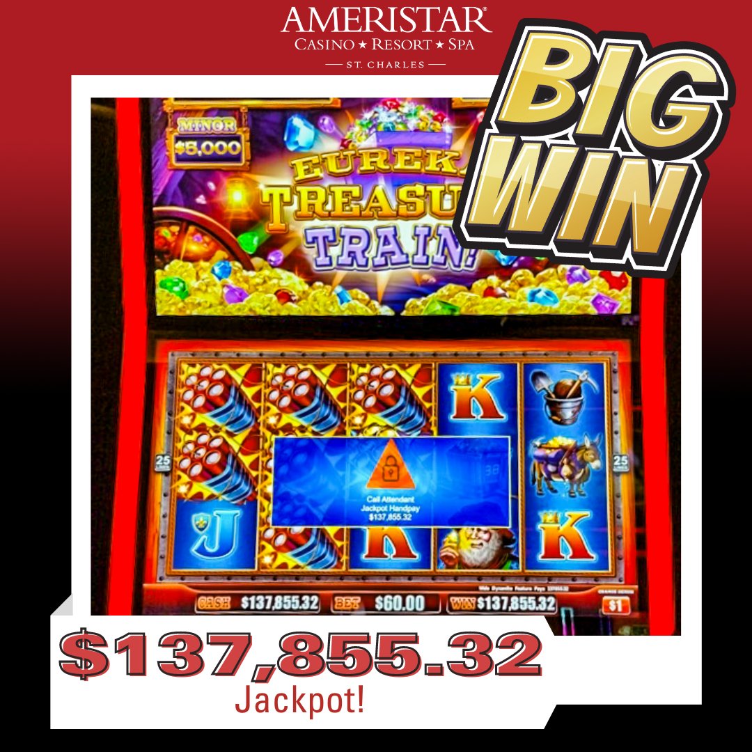 All aboard the jackpot train! 🚂💰 We're thrilled to announce a MASSIVE win of $𝟏𝟑𝟕,𝟖𝟓𝟓.𝟑𝟐 on our Eureka Treasure Train slot machine at Ameristar St. Charles! 🎉