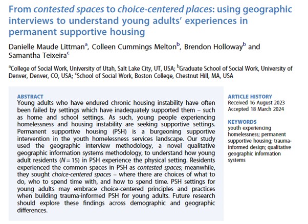 ChildrensGeogs's tweet image. Recent article by Littman, Melton, Holloway &amp;amp; Teixeira  addressing the need to &apos;meaningfully support the wellbeing of young people who have experienced homelessness and housing instability&apos;.  

#TraumaInformedDesign #YouthHomelessness

Click🔗to read:  doi.org/10.1080/147332…