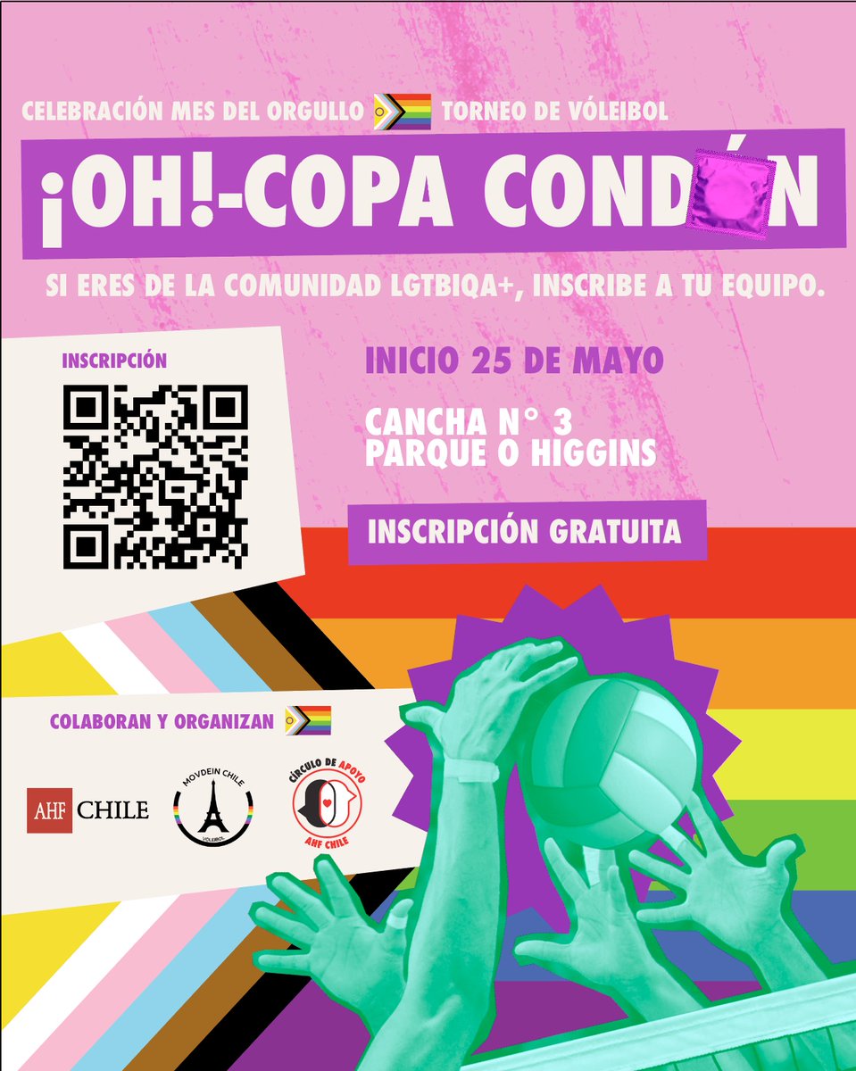 AHF Chile y MOVDEIN Chile están organizando un campeonato de voleibol para equipos integrados por personas LGBTIQ+ La 'Oh-Copa Condón' iniciará el 25 de mayo. Inscripciones en el Código de Barras o en este enlace: forms.gle/qRe9aDPWCivTDq…