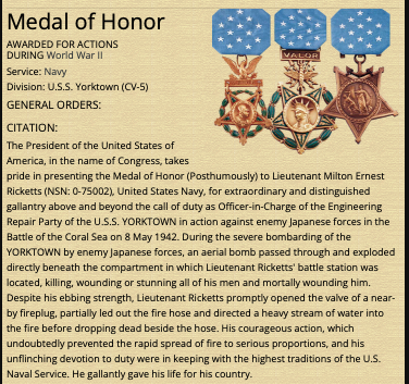 Milton Ricketts earned the Medal of Honor posthumously during the Battle of the Coral Sea, when, though mortally wounded, he led fire-fighting efforts after his ship, the Yorktown, had been hit by Japanese bombs. Honor and remember him! Read his Medal of Honor citation. #usnavy