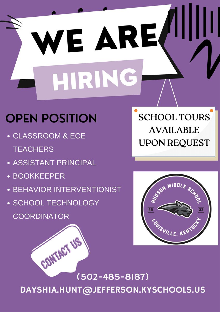 Join our team!🖤💜🖤 Pass it on. @JCPSDEP1 @JCPSKY @JCPSAcademics @JCPSMiddleSZEA @JCPSAsstSuptMS