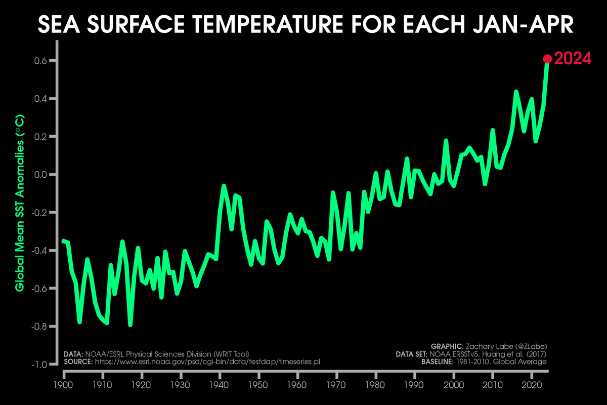 Global mean sea surface temperature anomalies (departure from average) so far this year ➡️ unsurprisingly the warmest on record

[Data from @NOAA ERSSTv5 averaged over January to April]