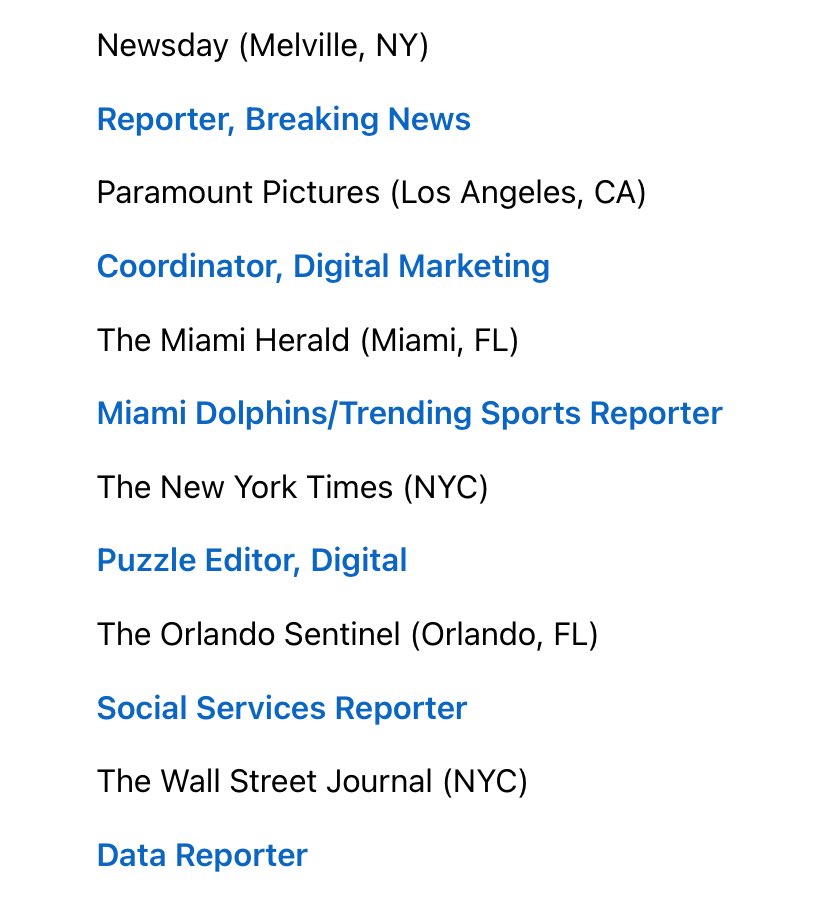 MEOjobs (@meojobs) on Twitter photo HAVE YOU SEEN THESE JOBS?
Todayβs list of 150 newly available media roles includes:
Breaking News Reporter <a href="/Newsday/">Newsday</a>
Data Reporter <a href="/WSJ/">The Wall Street Journal</a>
Dolphins Reporter <a href="/MiamiHerald/">Miami Herald</a>
Producer <a href="/CBSNews/">CBS News</a>
Puzzle Editor, Digital <a href="/nytimes/">The New York Times</a>
Researcher <a href="/NatGeo/">National Geographic</a>
See full details: linkedin.com/pulse/150-newl⦠HAVE YOU SEEN THESE JOBS?
Todayβs list of 150 newly available media roles includes:
Breaking News Reporter <a href="/Newsday/">Newsday</a>
Data Reporter <a href="/WSJ/">The Wall Street Journal</a>
Dolphins Reporter <a href="/MiamiHerald/">Miami Herald</a>
Producer <a href="/CBSNews/">CBS News</a>
Puzzle Editor, Digital <a href="/nytimes/">The New York Times</a>
Researcher <a href="/NatGeo/">National Geographic</a>
See full details: linkedin.com/pulse/150-newlβ¦