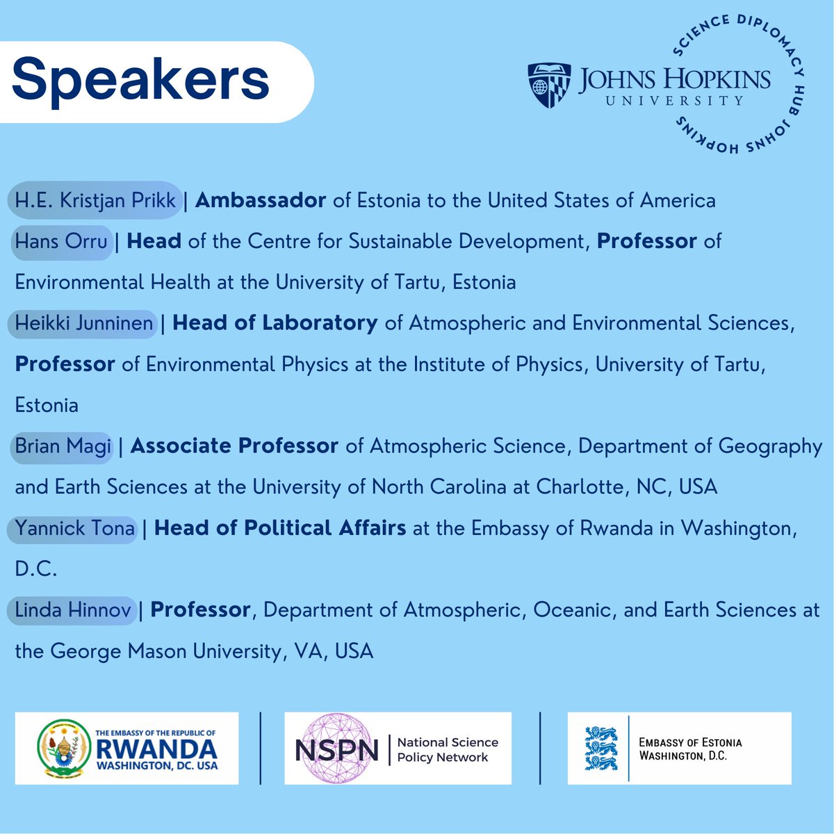 🗓️ On 5/13, join us at #HopkinsBloombergCenter for the Climate Collaboration for a Sustainable Future event organized in collaboration with @Estonia_in_US, @RwandaInUSA @SciPolNetwork. Ft @kprikk Ambassador of Estonia, @yannicktona and more. Register: bit.ly/44Ejct1