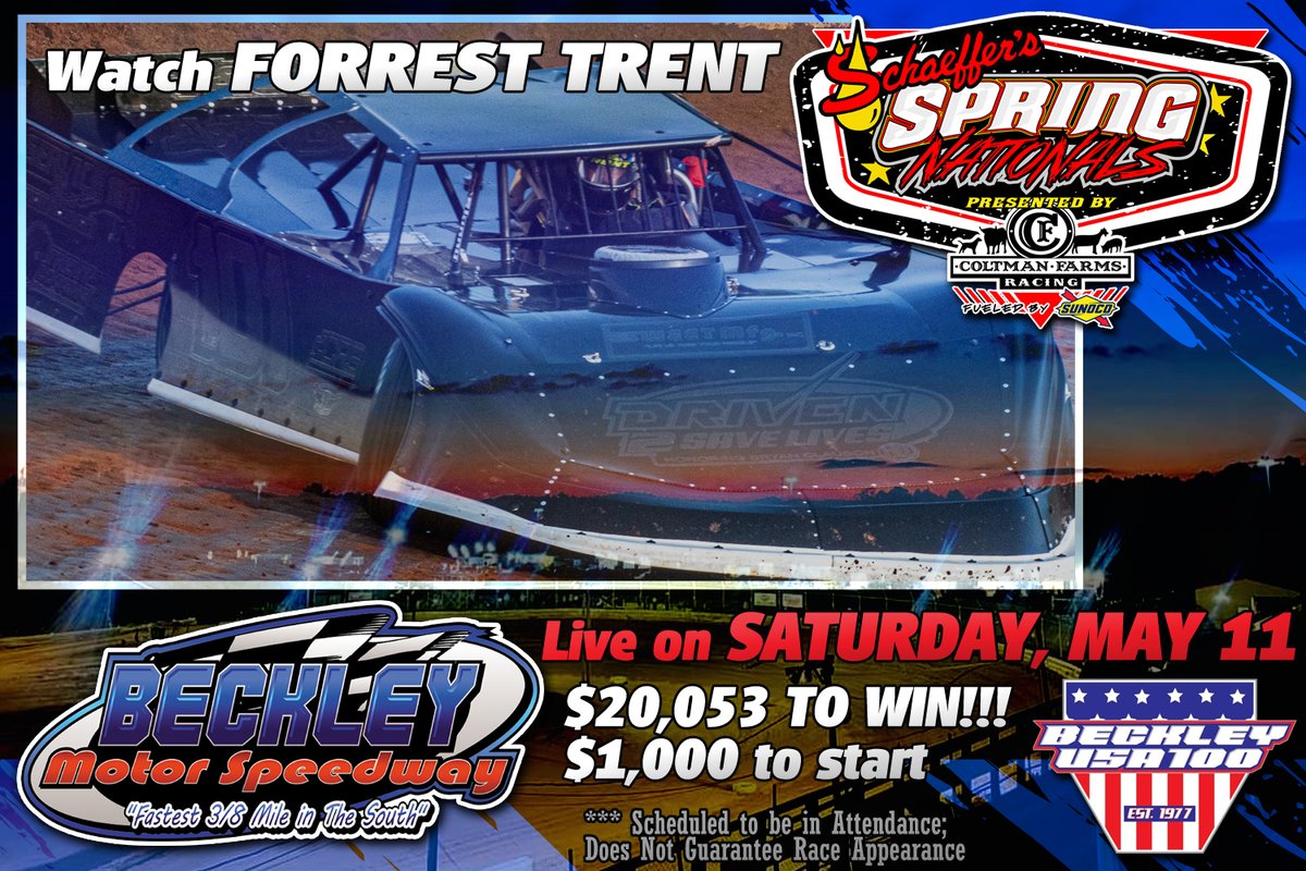Watch @ForrestTrent101 vie for the $20,053 top prize with the @SchaefferOil #SpringNationals in the annual Beckley USA 100 on Saturday, May 11 at Beckley Motor Speedway! If you are unable to make the trip to Mount Hope, West Virginia, watch every lap LIVE on @FloRacing. 🏁