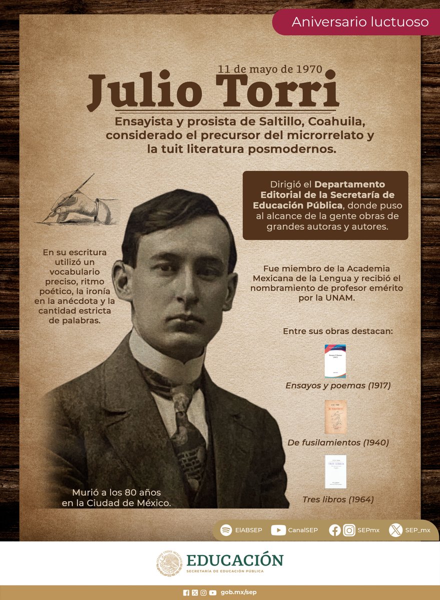 #UnDíaComoHoy | Falleció el ensayista y prosista Julio Torri. 📚🎓 Su obra fue perfeccionista, llena de sentido de humor e ironía. 👏🏾 ¡Conoce más de su labor aquí! ⬇️