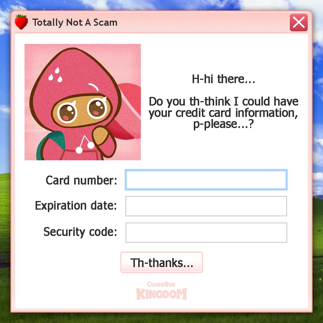 ⚠️ IMPORTANT SCAM PSA ⚠️ There's a new scam going around that's not very obvious and can be easy to fall for! If #StrawberryCookie asks you for your credit card information, do NOT give it to her! Stay safe out there, Cookie Runners! #CookieRun #CookieRunKingdom #CRK