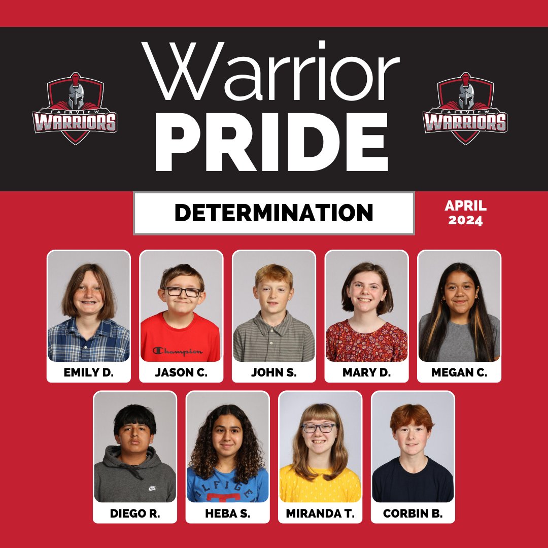 Congratulations to these Warrior PRIDE winners from April! 🏆

These FHS/MMS students earned recognition for their DETERMINATION. They focused on the task at hand and kept growing and improving even when things were difficult.

#WarriorPride