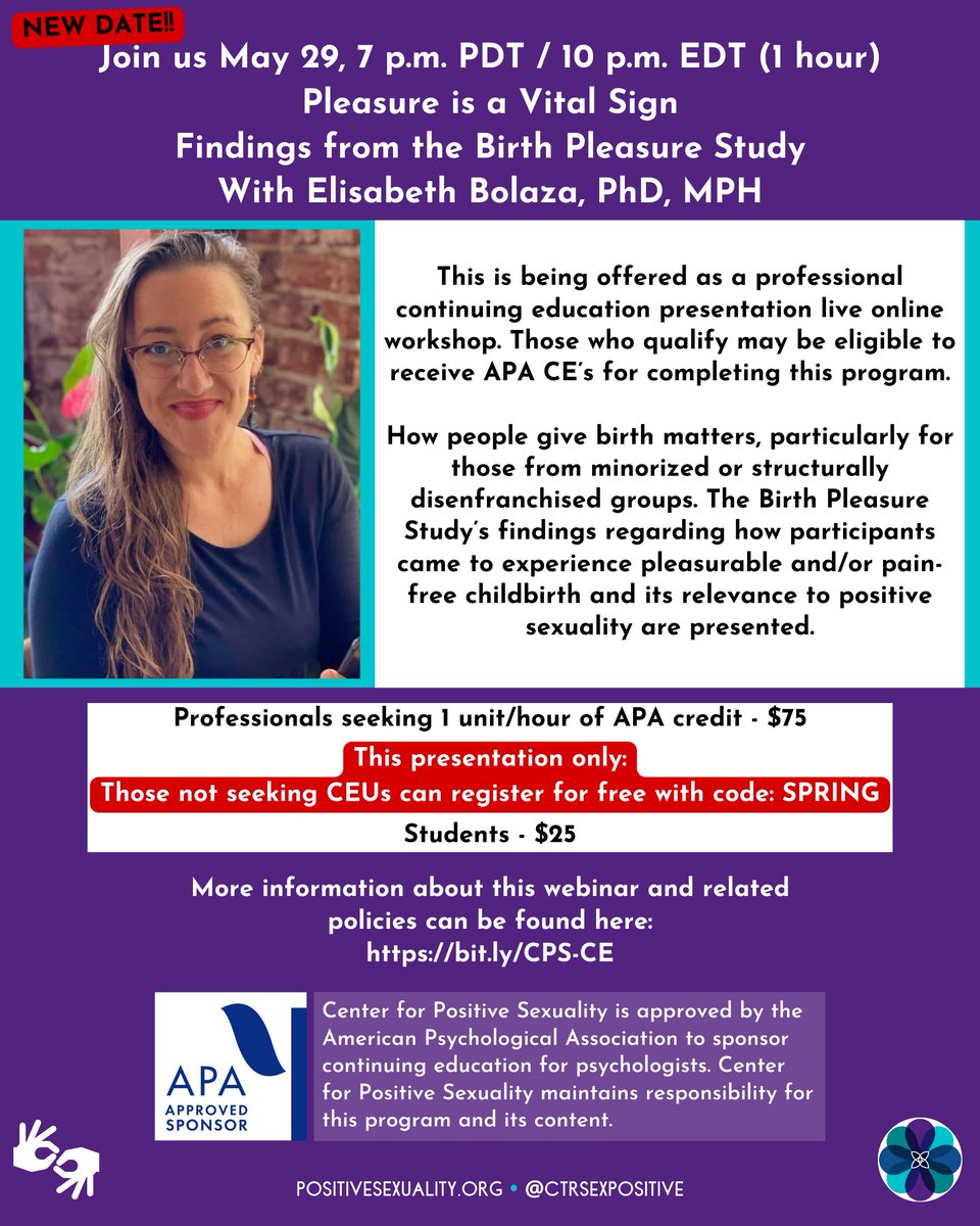 NEW DATE ‼️
May 29, 7 pm PT (1 hr) our latest Continuing Education eligible webinar!
Pleasure is a Vital Sign: Findings from the Birth Pleasure Study w/Elisabeth Bolaza, PhD, MPH
ONE TIME ONLY, if you are NOT looking for CEs, register free w/code SPRING.
bit.ly/CPS-CE
