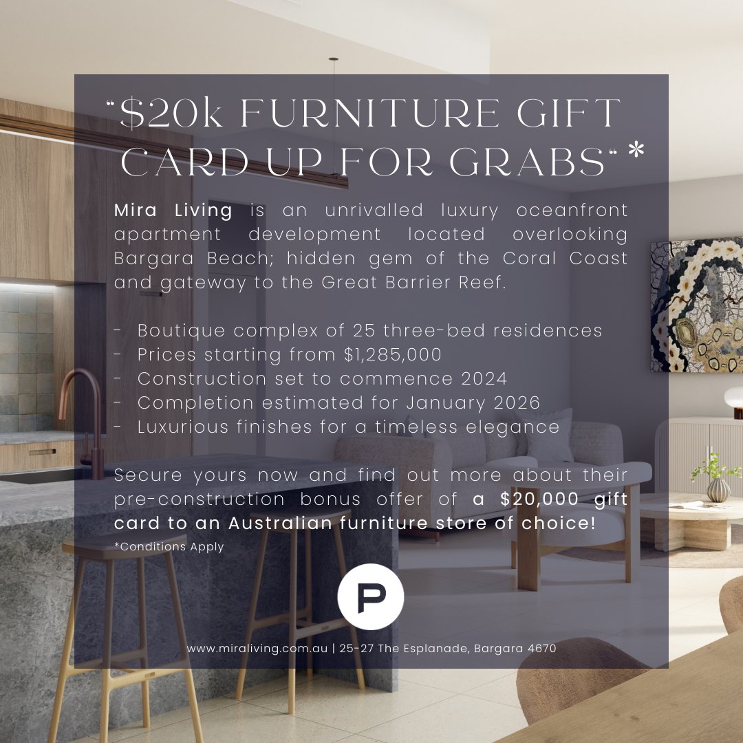 PlaceProjects's tweet image. | FAST FACT FRIDAY 

“$20k FURNITURE GIFT CARD UP FOR GRABS“
*T&amp;amp;Cs Apply

-  Boutique  25 three-bed residences
-  Prices from $1,285,000
-  Construction commence 2024
-  Completion estimated Jan 2026
-  Luxurious finishes 

🔗 miraliving.com.au