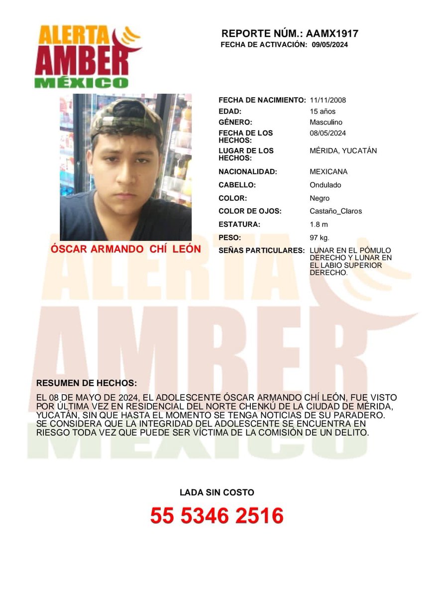 Se activa #AlertaAmberMéxico para la búsqueda y localización de ÓSCAR ARMANDO CHÍ LEÓN de 15 años de edad