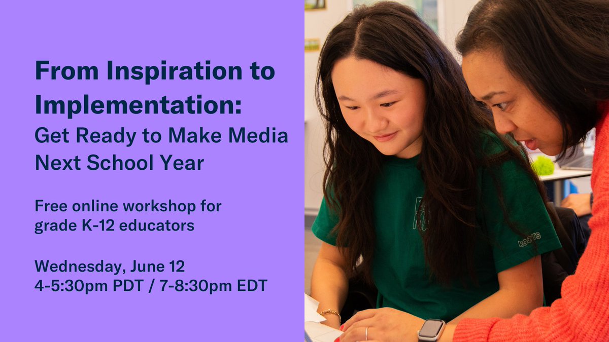 Educators, save the date — 6/12 — to implement media-making in your classroom next year, with help from our friends @KQEDedspace! You'll hear from a teacher who centers media storytelling in his classroom, and leave with standard-aligned ideas and more. 🔗 ow.ly/eRTi50RARIm