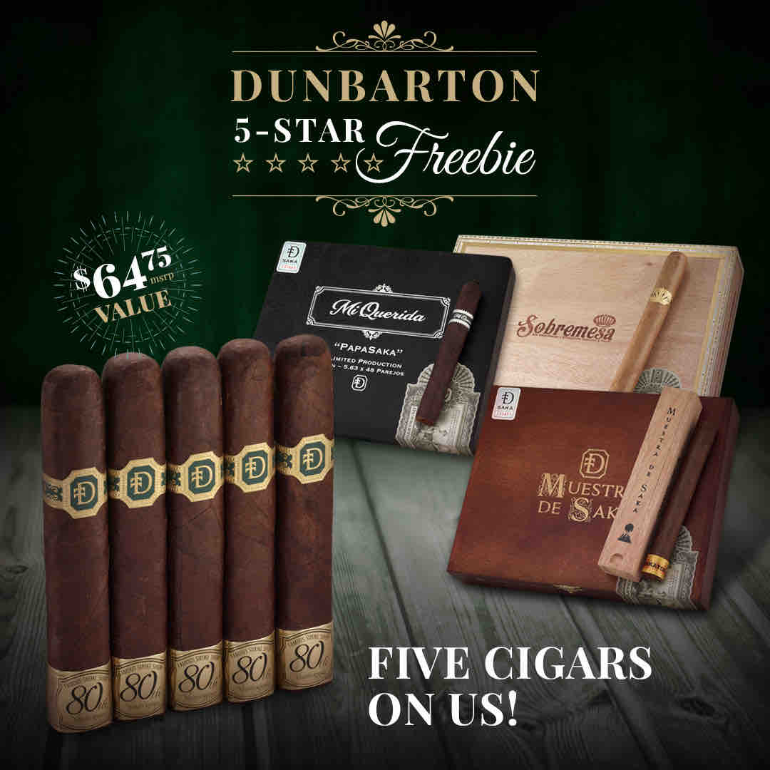 For a limited time, get a FREE Dunbarton Famous 80th Anniversary 5PK with select box purchases. One of the most requested cigars in our humidor can be yours—on the house. Shop here - ow.ly/ttzc50RAXSU.