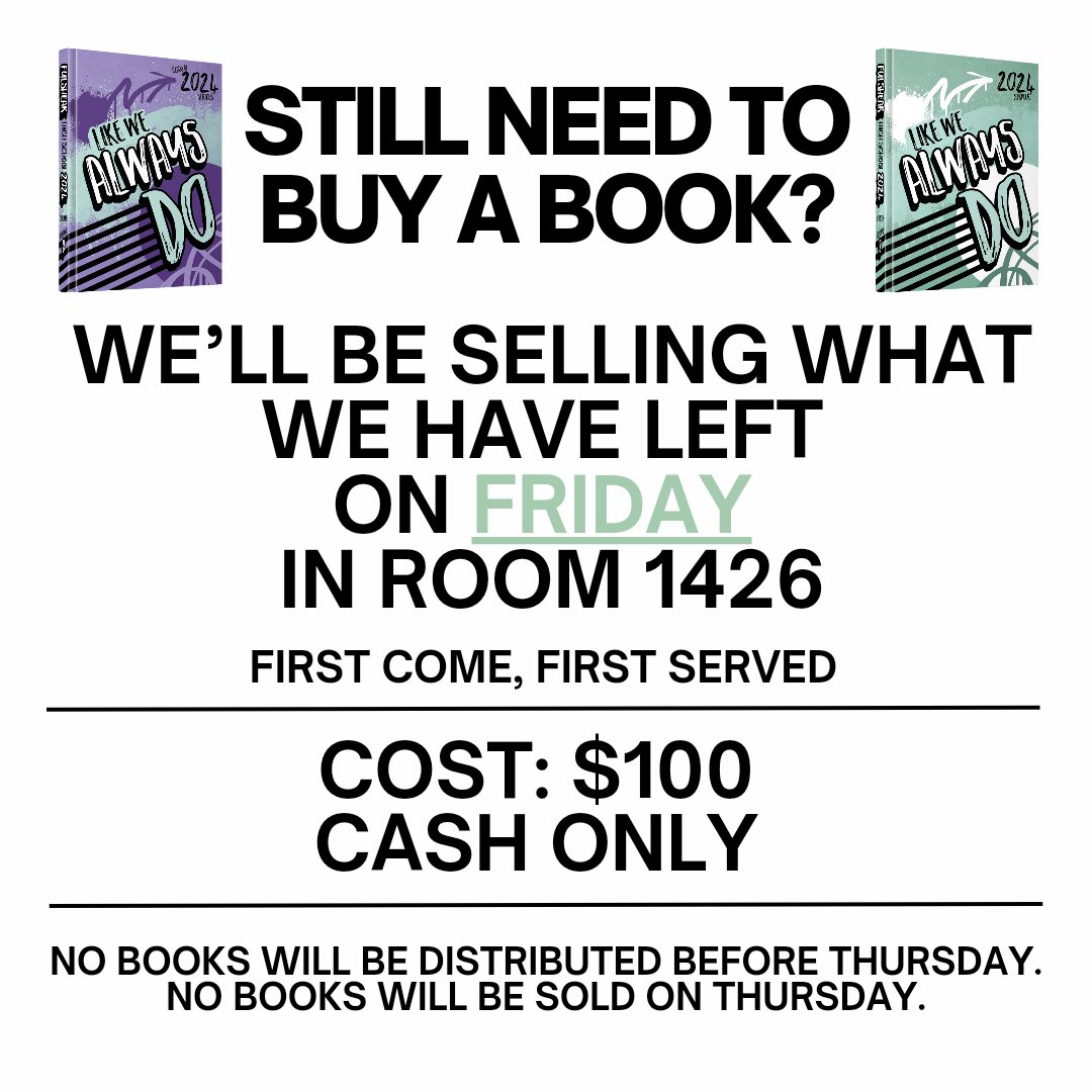 Books have been on sale since August, but many of you "forgot" to buy yours. We still have a few left, and we'll be selling them in Room 1426 tomorrow (cash only). First come, first served. #wearefu1shear