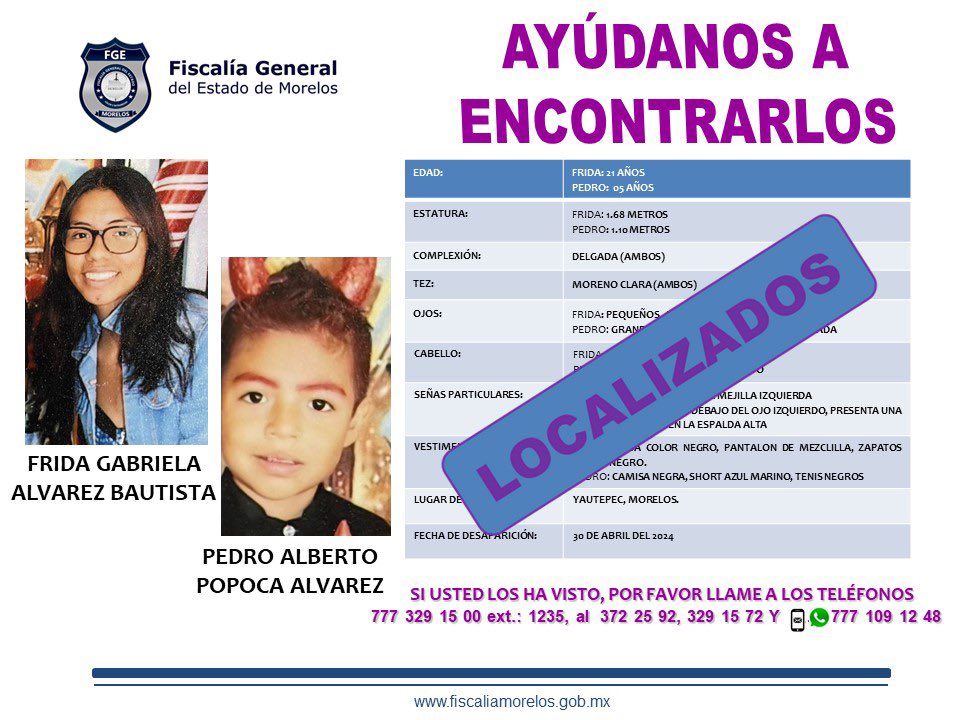 Gracias por su colaboración para localizar a FRIDA GABRIELA ÁLVAREZ BAUTISTA Y PEDRO ALBERTO POPOCA ÁLVAREZ de 21 y 5 años de edad.Ya fueron #localizados.