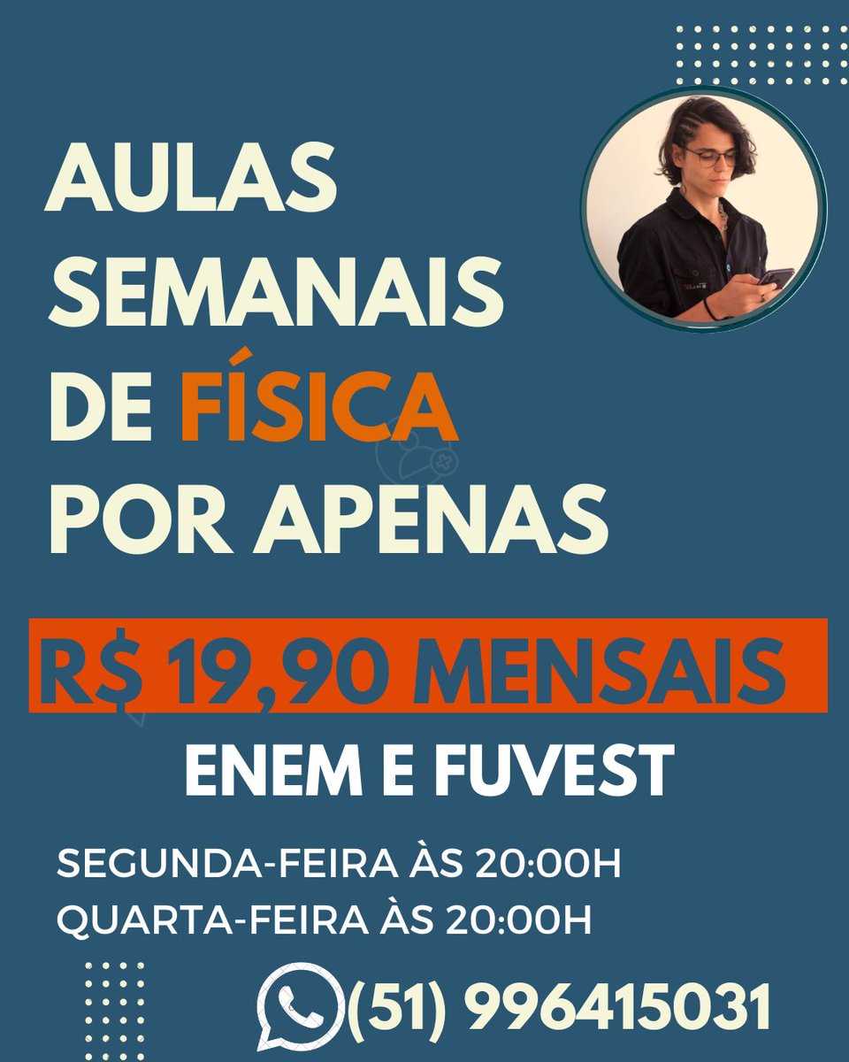 StrebJuliano's tweet image. Está perdido(a) em Física, ainda?  Nesse curso vou pegar na sua mão e te mostrar os principais assuntos que serão cobrados nas provas do ENEM e da FUVEST.

(todo o valor será destinado a família da minha namorada que perdeu praticamente tudo com a enchente)