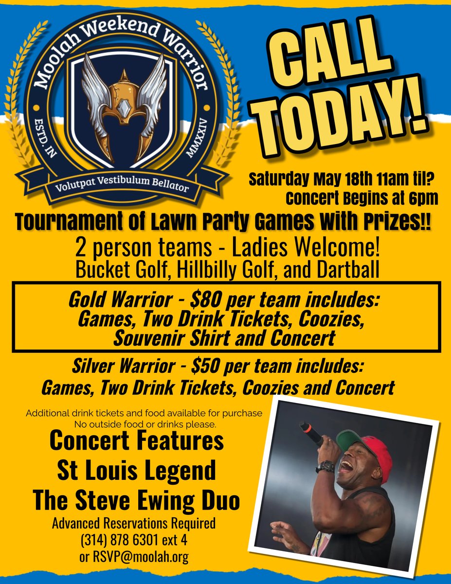 MoolahShrine's tweet photo. ATTENTION WEEKEND WARRIORS!
Don't miss this amazing event
Includes The Steve Ewing Duo
(314) 878-6301 ext 4
#shriners #moolahshriners
#membership #beashrinernow #moolah
#proudshriner #stlouisevents #steveewing https://t.co/iE1jDsFvAc