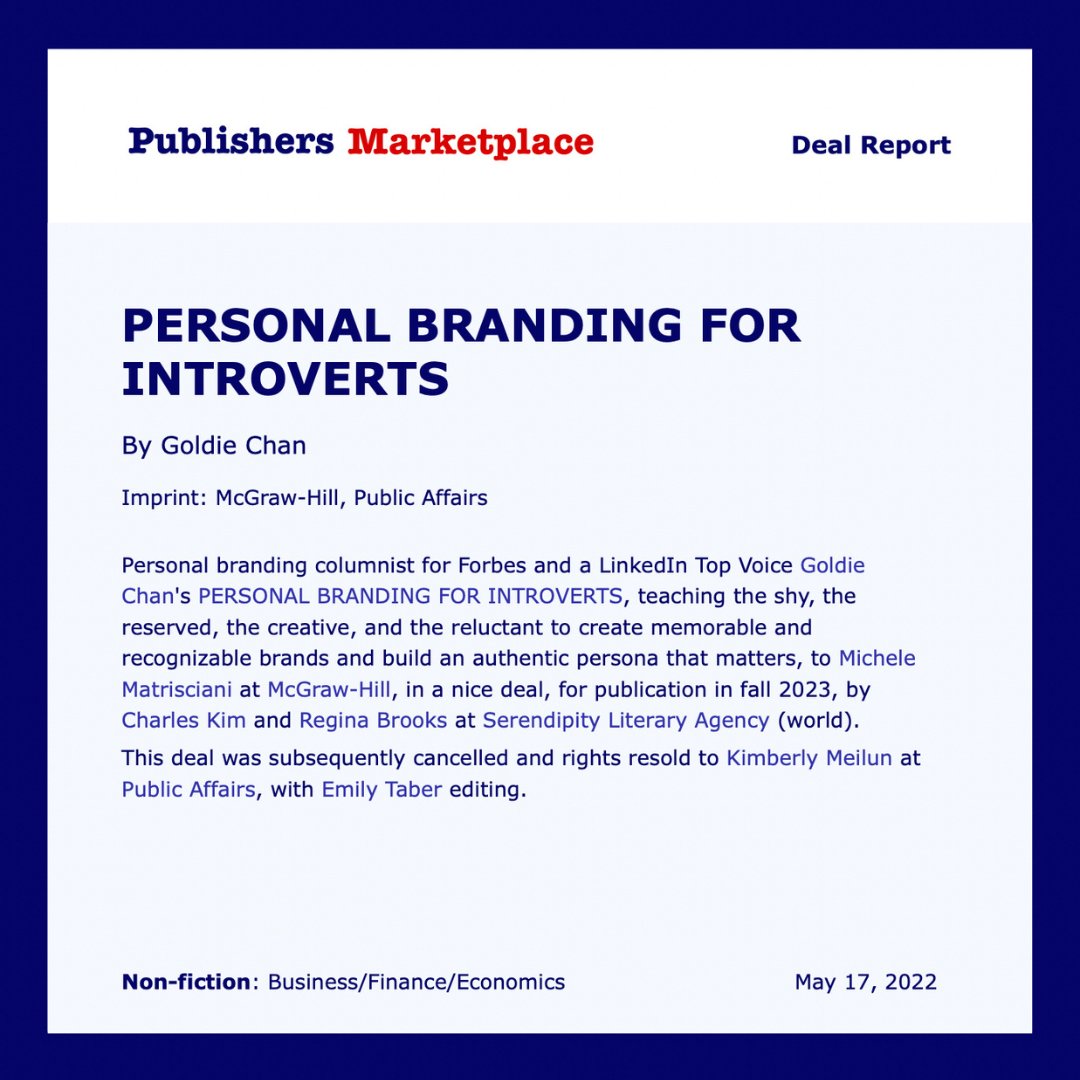 Congratulations @goldiecylon for this AMAZING and well-deserved deal! It is such an honor to have clients such as yourself. We can't wait for this book to come out in 2025!

#GoldieChan #PersonalBrandingForIntroverts #Book #PublishingDeal #PublicAffairs #Hachette