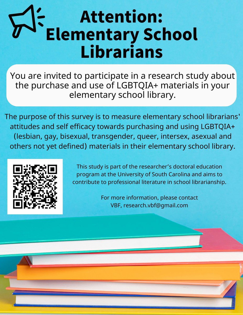 Attention: Elementary School Librarians

Join @UofSC research study on purchase + use of #LGBTQ #LGBTQIA materials in elementary school #libraries! #tlchat #alaac24 #aasl

#parenting #moms #dads: more indoctrination incoming. Run for library + school boards! Now! Do it!