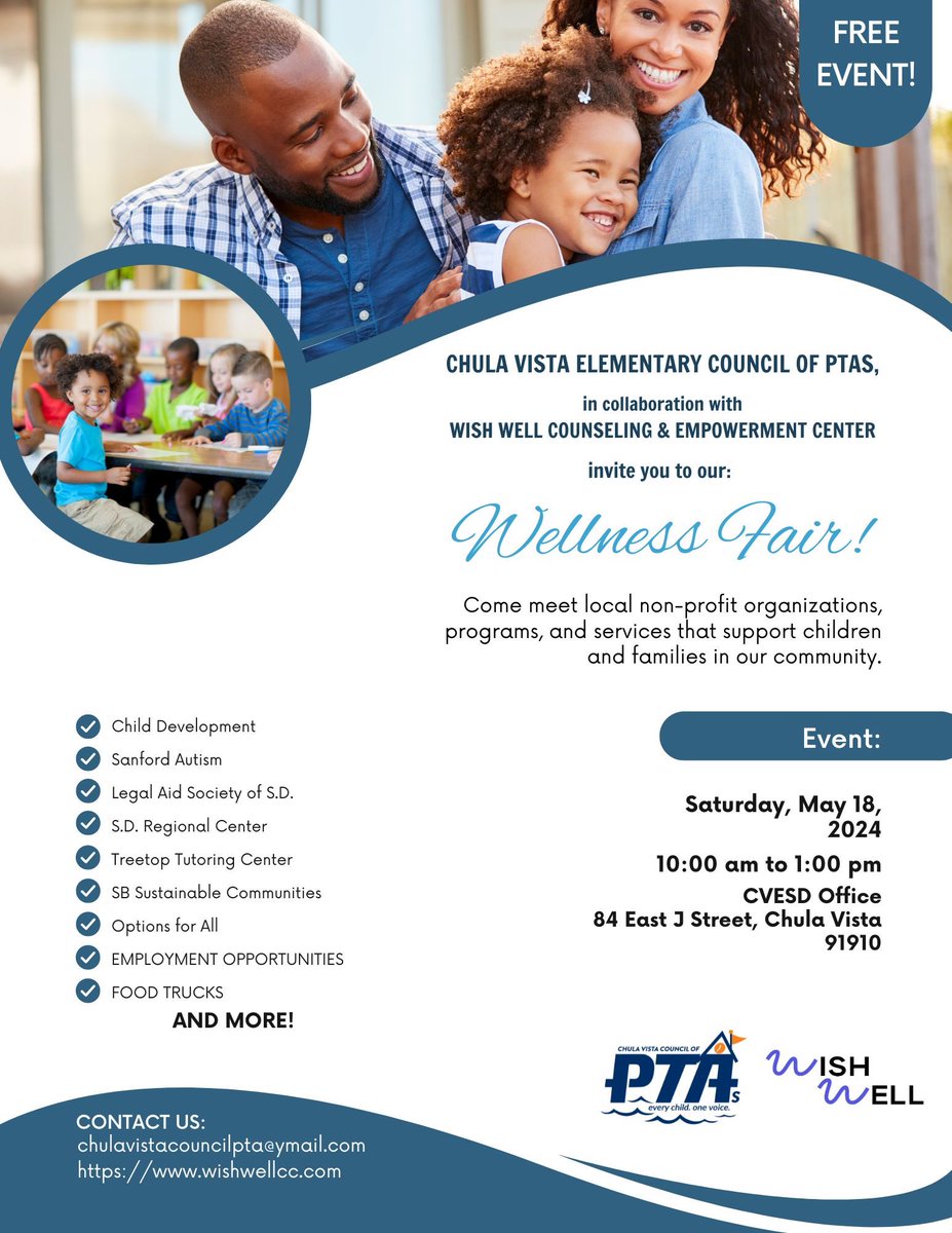 Big event coming to Chula Vista Elementary School district. Council of PTAs first Wellness Fair!
Lot of resources, vendors and food trucks.
<a href="/HalecrestSchool/">Halecrest Elementary</a> <a href="/HaleRoadrunners/">Amber MacDonald</a> <a href="/CVLiving/">Mr. Chula Vista</a> <a href="/CVH_PTA/">CV Hills PTA</a> <a href="/RohrLions/">Rohr Lions CVESD</a> <a href="/thinkchulavista/">City of Chula Vista</a> <a href="/ChulavistaCC/">Chula Vista Community Collaborative</a> 
 <a href="/CVESDNews/">CVESD News</a> <a href="/CVECouncilPTA/">CVE Council of PTAs</a>