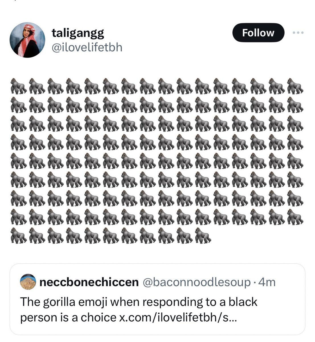 You don’t think tagging me a black person with gorillas and other visibly black ppl on their profiles raising their concerns with gorillas is not racist? That’s what you going with?