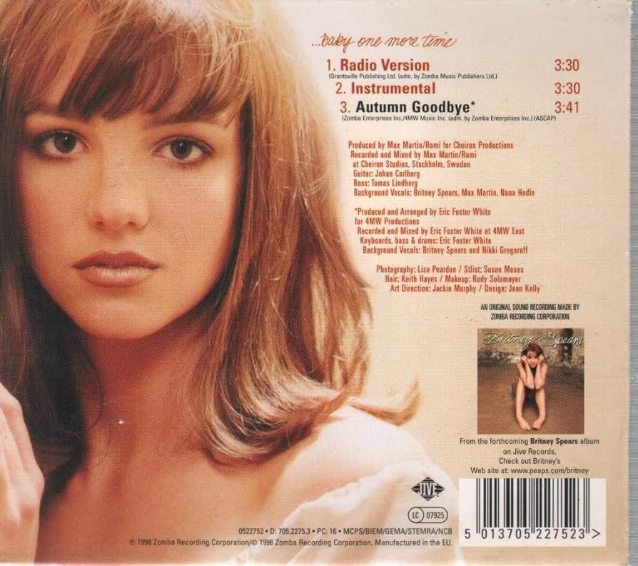singularbritney's tweet photo. ALL of Britney Spears’ official singles front &amp; back covers, a thread:

…Baby One More Time (1998) https://t.co/fCGr4N56DM