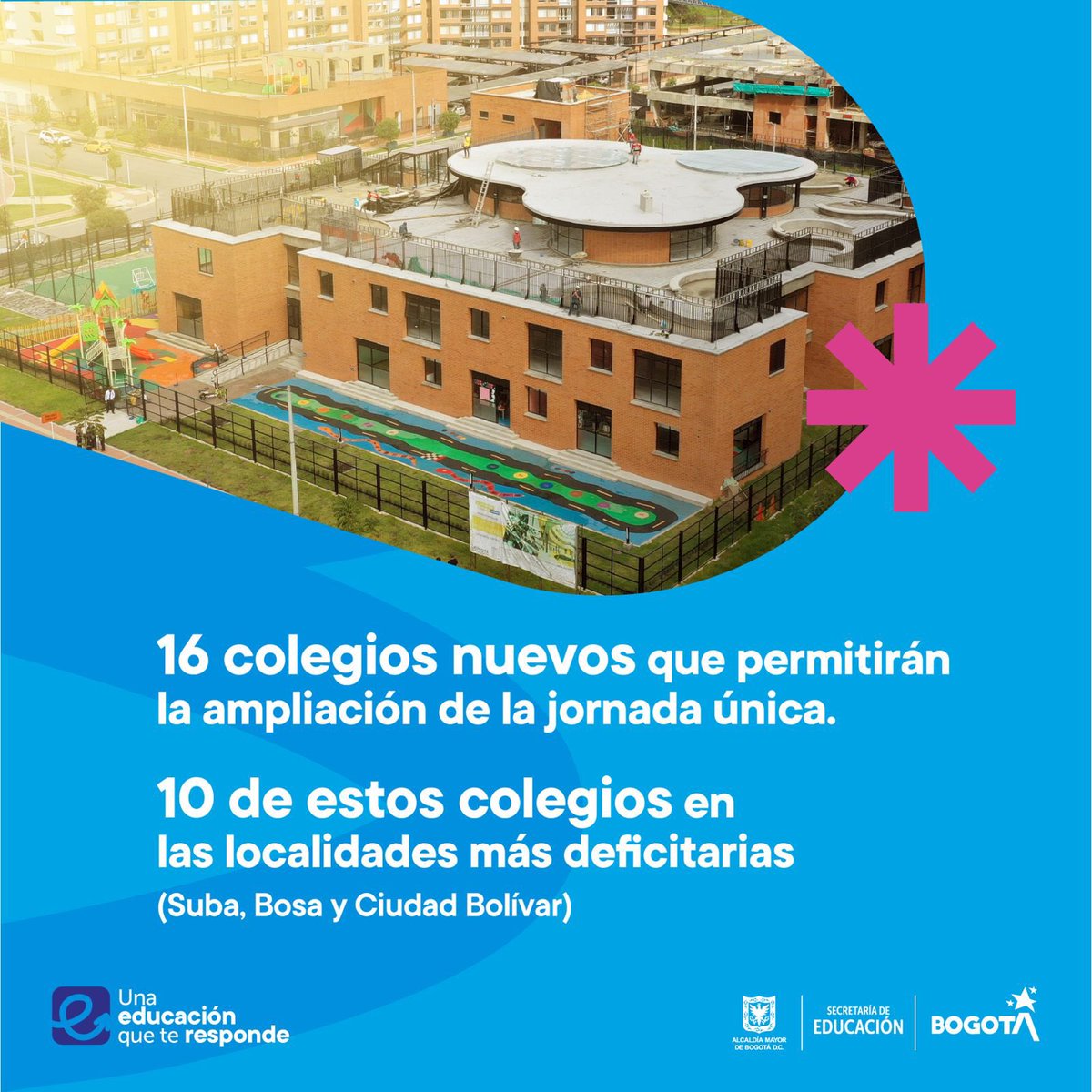 En #PDD los equipamientos sociales como los colegios son considerados parte integral de un hábitat digno. Desde @EducacionBogota sabemos que las infraestructuras de calidad potencian el tiempo escolar y favorecen los aprendizajes, por eso #UnaEducaciónQueTeResponde trabajará en: