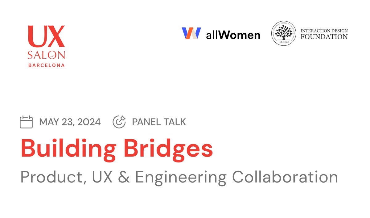 Join Us for Our Next UX Salon Barcelona Event: Building Bridges! 🌉

📆 Date: 23rd of May
⏰ Time: 18:30
📍 Location: allWomen's headquarters

⚡Limited spots are available, so be quick!

Link down below for more info:
bit.ly/3UwoNgA