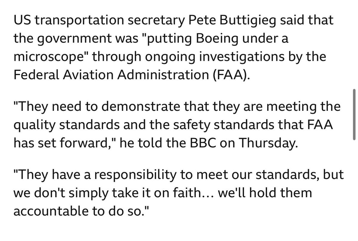 Tonight US transportation secretary @PeteButtigieg told @SumiSomaskanda @BBCNews that the government was 'putting Boeing under a microscope' over plane body defects