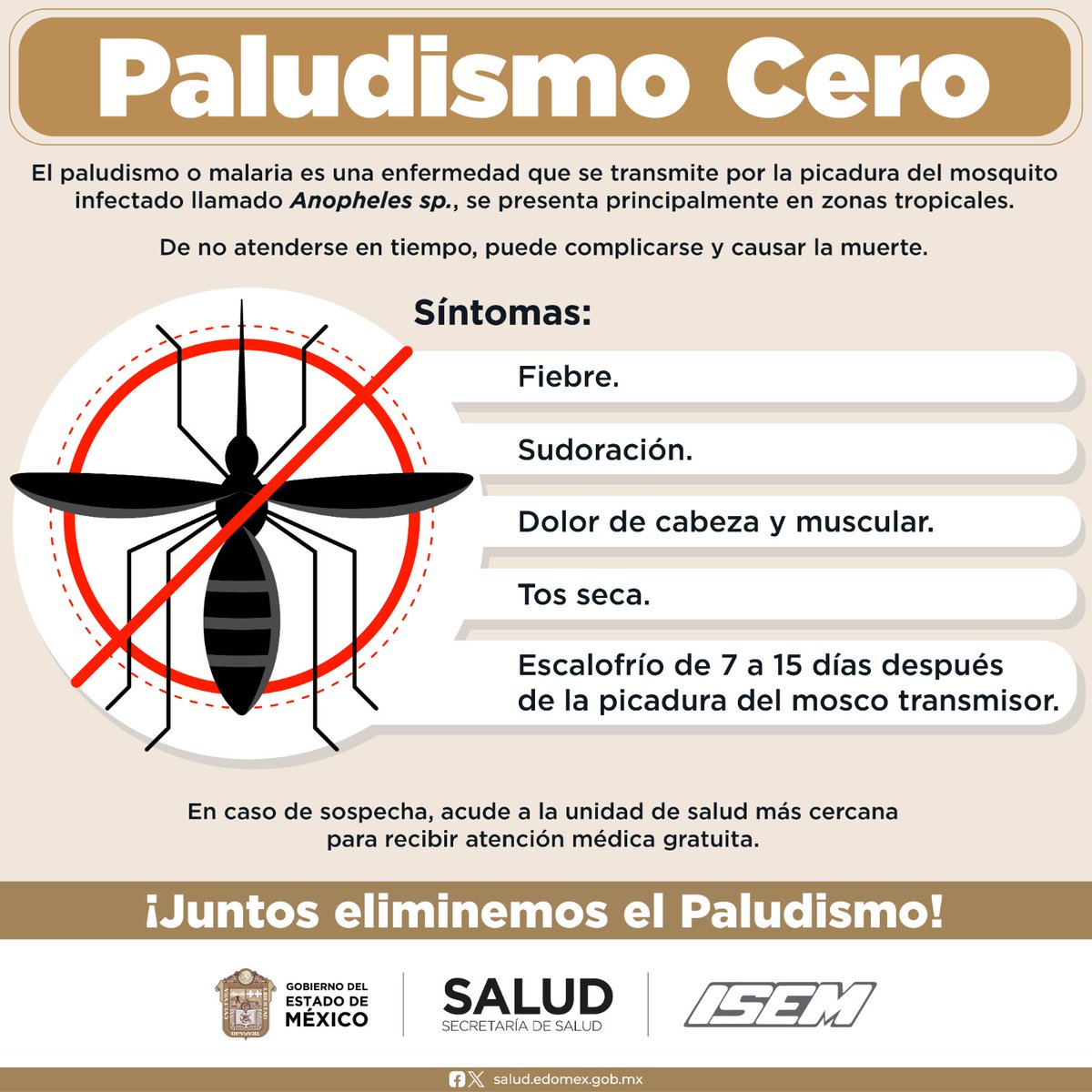 El #Paludismo es una enfermedad que se transmite por la picadura del mosquito Anopheles. Conoce los síntomas y ante cualquier sospecha, acude a tu unidad de salud más cercana. #PrevenirEsSalud