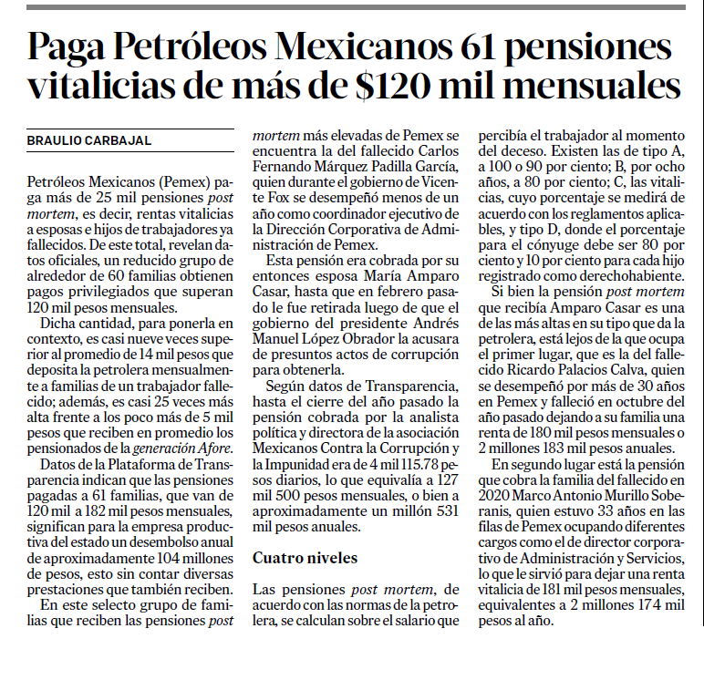 La corrupción de Amparo Casar sólo es la punta del iceberg del abuso de corruptos a Pemex
Hay 61 pensiones vitalicias de más de $120 mil mensuales. 
Hay que saber quienes tienen esas pensiones!
#AmparoCasarCorrupta 
#AmparoCasarAlaCarcel
#AmparoFueradeCanal11