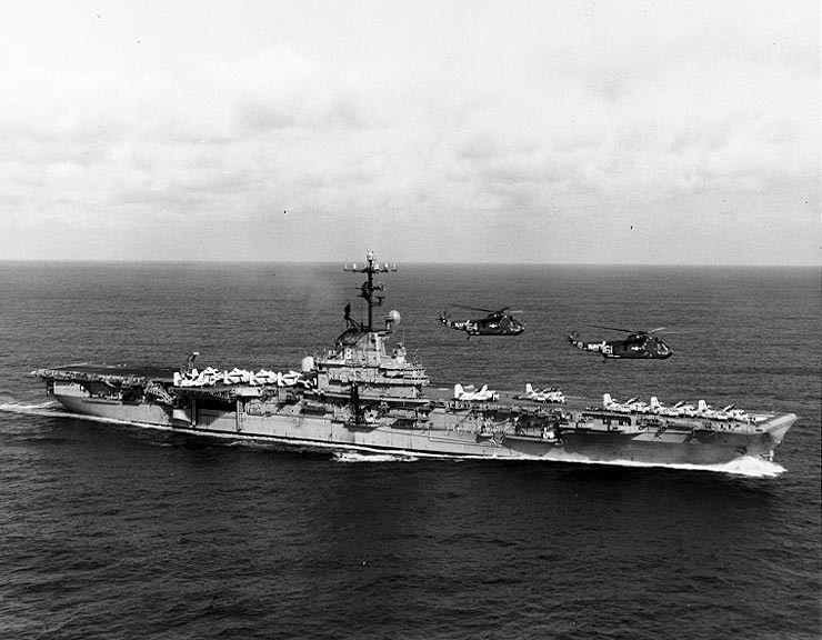 USS Wasp in the Atlantic Ocean, 9 May 1969; note two SH-3 Sea King helicopters in flight
