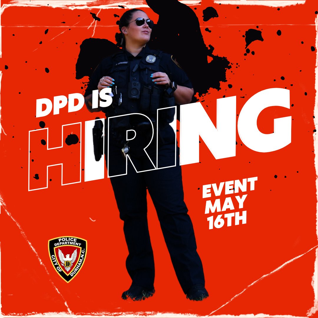 Police Hiring Event, May 16th! Join us in person or virtually; register at the link below. At the hiring event, Durham Police Department recruiters will meet to discuss all the benefits the city of Durham offers! Register for the virtual attendance at: us06web.zoom.us/meeting/regist…