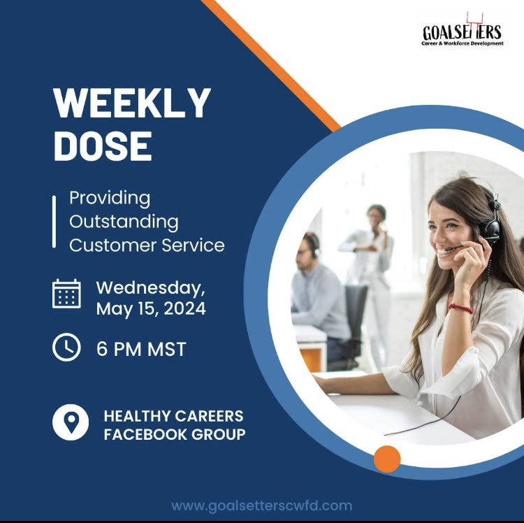 YOU'RE INVITED! Join us for the Weekly Dose Wednesday, May 15 in the Healthy Careers Facebook Group! We will be discussing: 'Providing Outstanding Customer Service' Click the link to tune in: facebook.com/groups/2834594… #careercoach #businesscoach #hradvisor #resumeservices