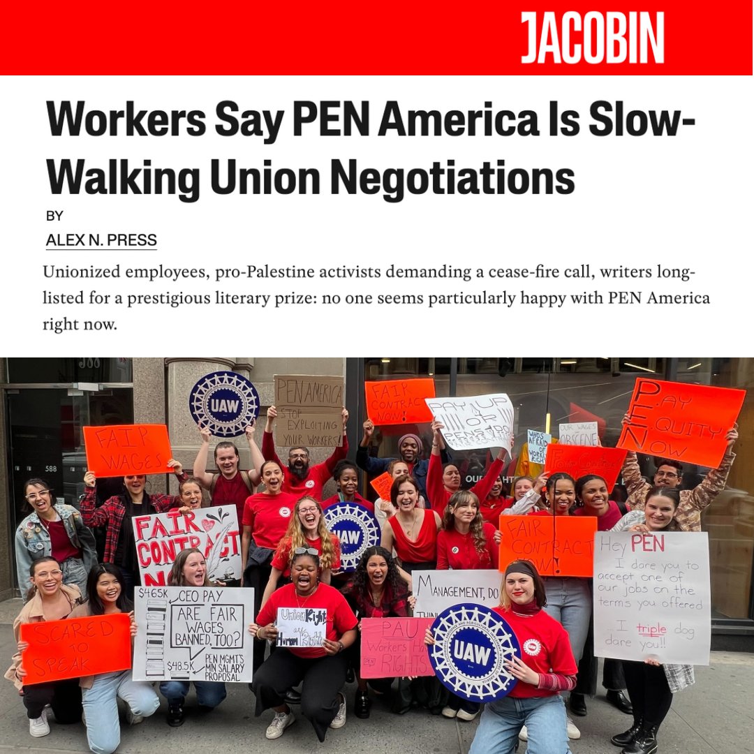 🧵ICYMI: 'Workers say PEN America is Slow-Walking Union Negotiations' by @alexnpress at @jacobin. The article articulates the long and bumpy road union members have been on to get our first, fair contract - now entering the 19th month of bargaining. (1/5) jacobin.com/2024/05/pen-am…