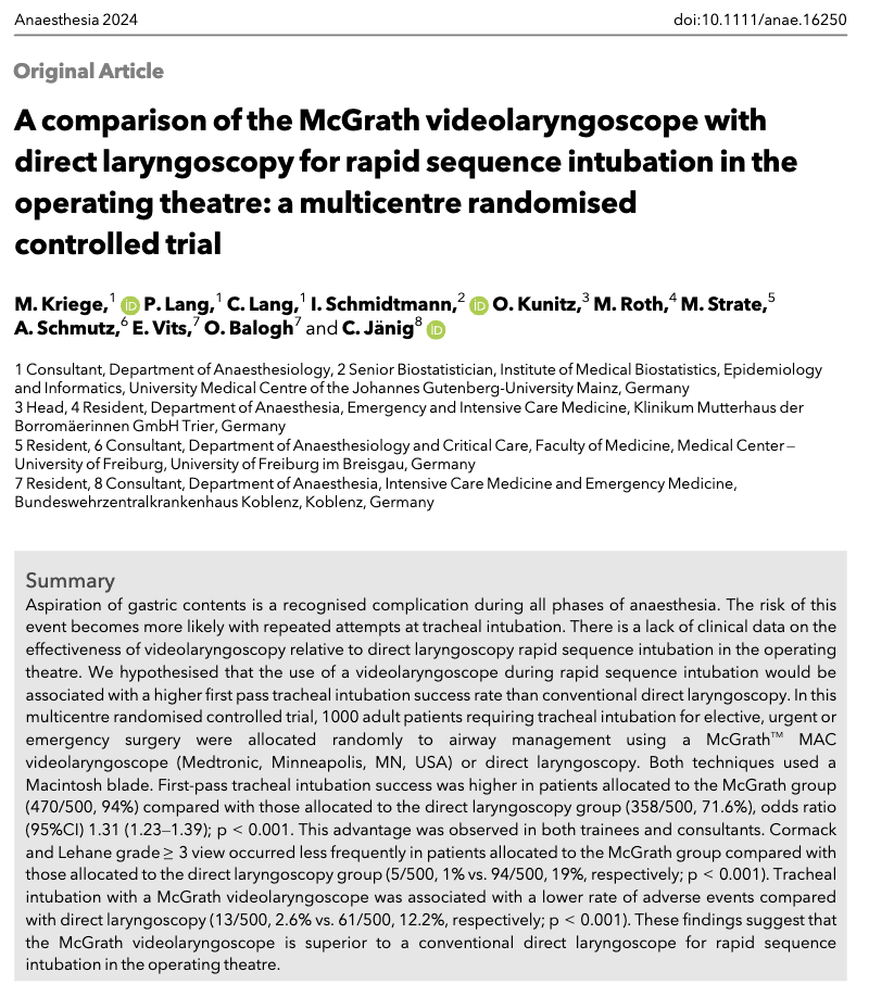 🔓A comparison of the McGrath videolaryngoscope with direct laryngoscopy for rapid sequence intubation in the operating theatre: a multicentre randomised controlled trial 🔗…-publications.onlinelibrary.wiley.com/doi/10.1111/an…