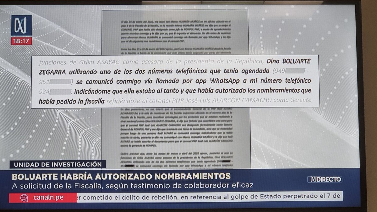 #LOULTIMO Colaborador eficaz señala que la presidenta Dina Boluarte llamó a Jaime Villanueva para señalarle que ella había 'autorizado los nombramientos que había pedido la fiscalía'. La llamada compromete directamente a la pdta.