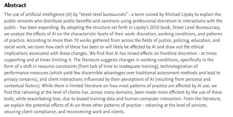 New working paper from the @DECYale - led by our excellent postgrad Cara Gillingham w/ support from me @floridi - exploring the ethical implications of AI’s impact on the professional discretion, working conditions, client interactions, & management of street level bureaucrats 👇🏻
