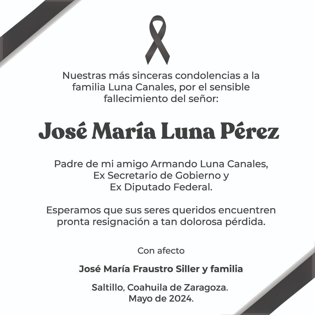 Nuestras más sentidas condolencias a la familia Luna Canales, deseamos pronta resignación ante irreparable pérdida. #QEPD
