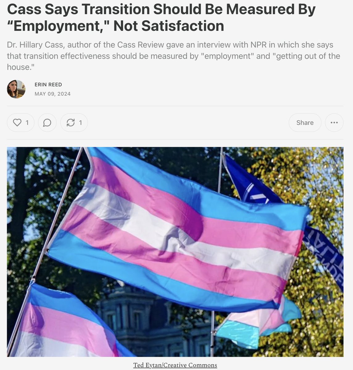 1. In an interview yesterday, Dr. Cass stated that trans care should be based on factors like 'employment' and 'getting out of the house,' rather than satisfaction. In doing so, she revived a very old attack on trans people from the 1970s. Subscribe to support my journalism.