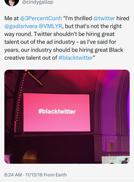 cindygallop's tweet photo. I'm very excited about the #BlackTwitter @hulu documentary and can't wait to watch ๐ Below - me from six years ago. Also, possibly my favorite #BlackTwitter hashtag of all time is #CookoutNewsNetwork. Check it out ๐ #BlackTwitterHulu https://t.co/VT5jnv0ifR