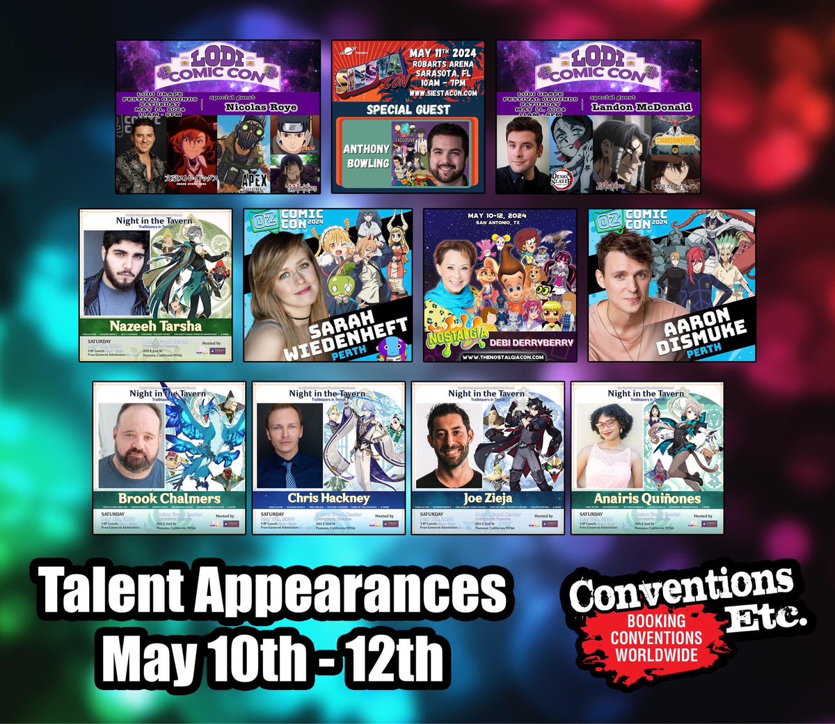 This weekend @TheNicolasRoye @McMovieMan @StocktonCon @Bowling4anime #SiestaCon @SarahWiedenheft @Aaron__Dismuke @OzComicCon @DebiDerryberry @TheNostalgiaCon @NazeehTarsha @brookchalmersvo @ChrisHackneyGGK @JoeZieja @anairis_q @pop_umai. Let’s all show up.