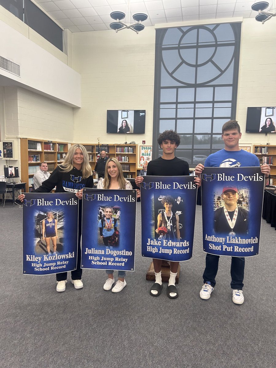 Thanks to the Hammonton BOE for recognizing Jules Dogostino and Kiley Kozlowski tonight for setting the HHS High Jump Relay school record this season! Congrats to ⁦⁦<a href="/HammHSBoysTrack/">Hammonton Boys Track</a>⁩ athletes Anthony and Jake on their school records as well. 📸: Coach Dey