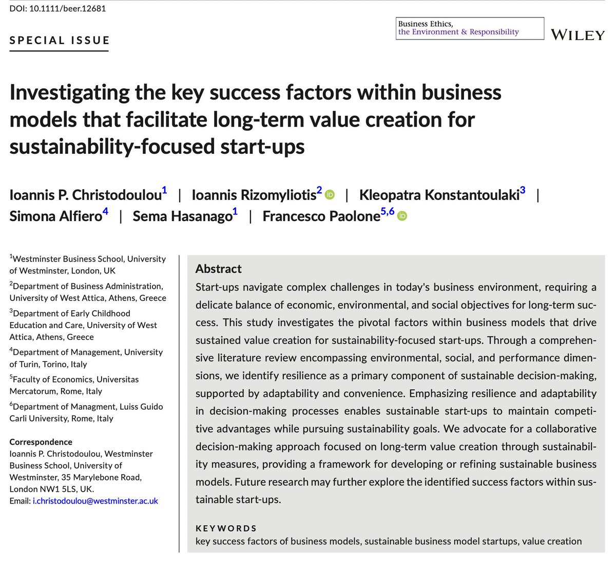 Investigating the key success factors within business models that facilitate long-term value creation for #sustainability-focused #startups Christodoulou @Rizomy @DrKonstaK et al 🔓→ doi.org/10.1111/beer.1… #BusinessModels #SuccessFactors #SustainabilityGoals #ValueCreation