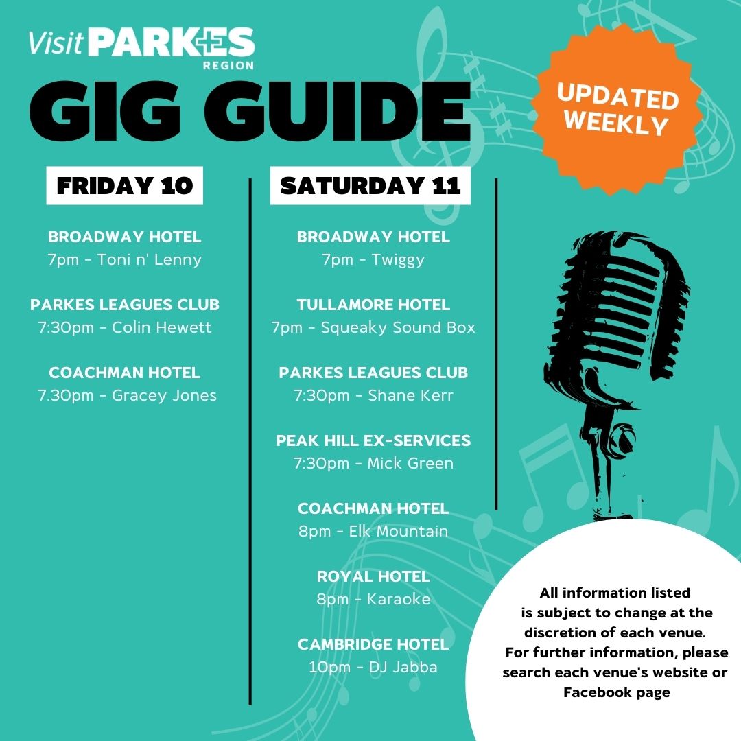 Discover the most electrifying live music events in our vibrant Shire this weekend!🎶 The gig guide is your one-stop source for all the thrilling things happening!🎸#visitparkes
